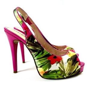 Guess‎ Pink Floral Open toe Sling Back Platform Heels